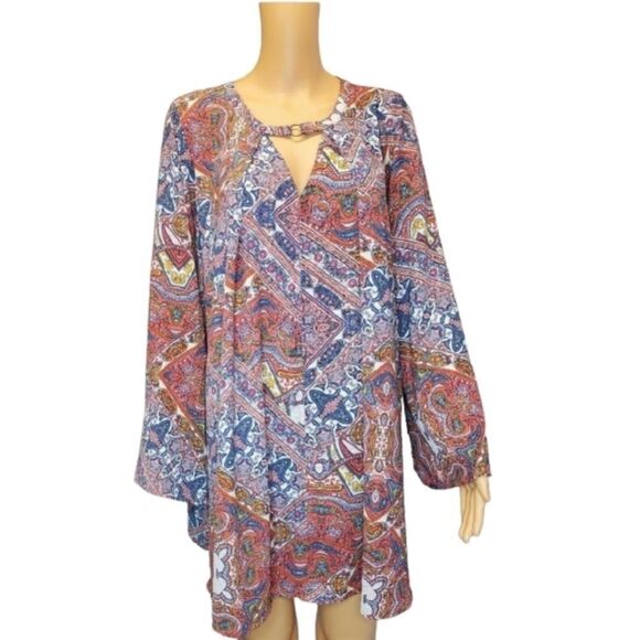 Oversized Umgee Flowy Boho Peasant Tunic V Neck Blouse Shirt Fall Colors Small - Picture 1 of 9